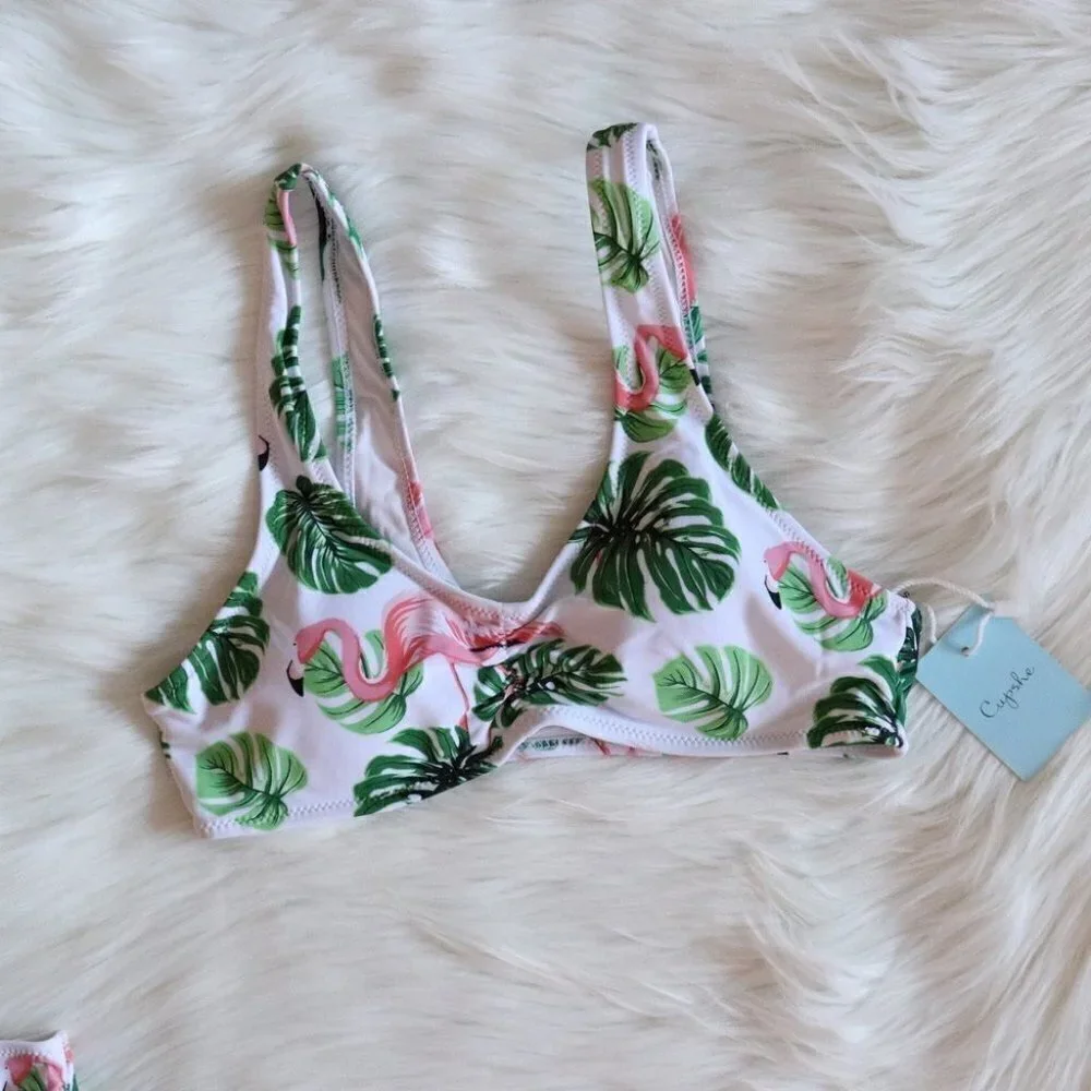 NEW White Green Flamingo Monstera Bikini Swim Set Size Small - Picture 4 of 10